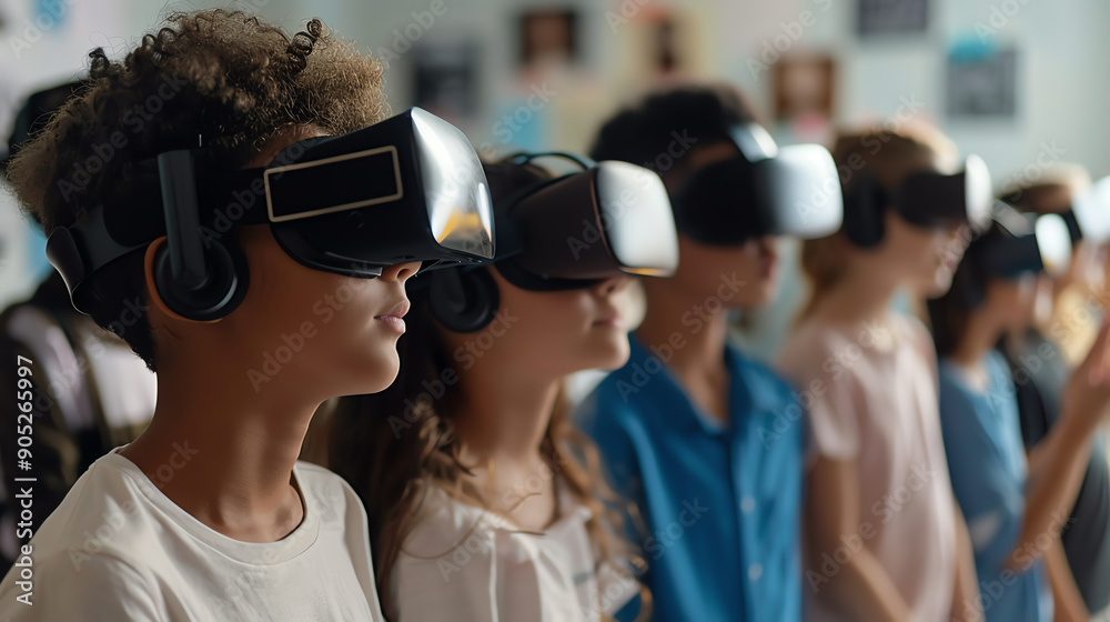 Group of diverse children exploring virtual reality in a classroom, wearing VR headsets, experiencing immersive learning. Group of diverse children exploring virtual reality in a classroom, wearing VR headsets, experiencing immersive learning.