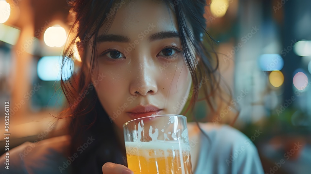 Young Asian Woman Enjoying Beer at Urban Bar or Restaurant at Night Young Asian Woman Enjoying Beer at Urban Bar or Restaurant at Night