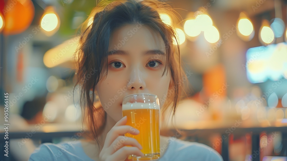 Young Asian Woman Enjoying a Refreshing Beer at a Bar or Restaurant Young Asian Woman Enjoying a Refreshing Beer at a Bar or Restaurant