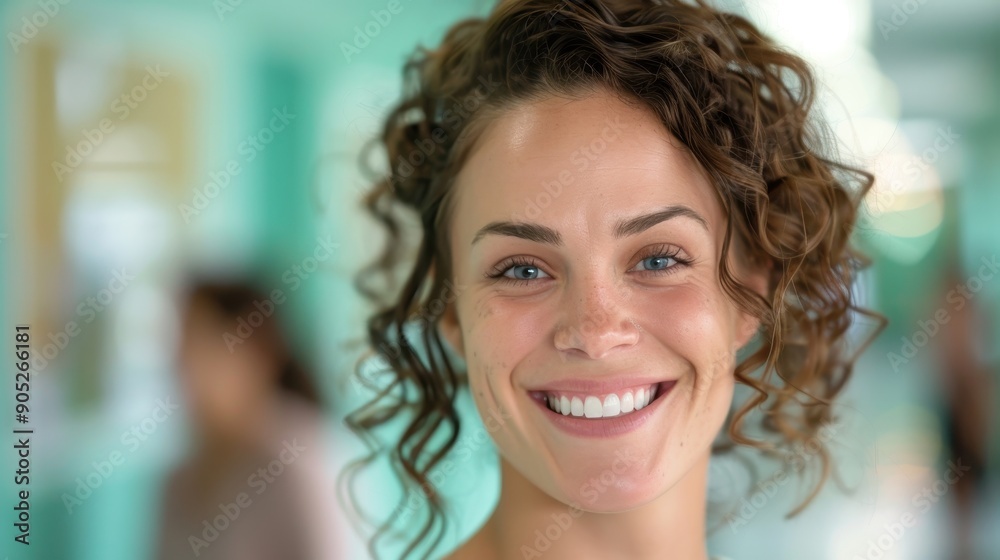 A woman with curly hair is smiling and looking at the camera