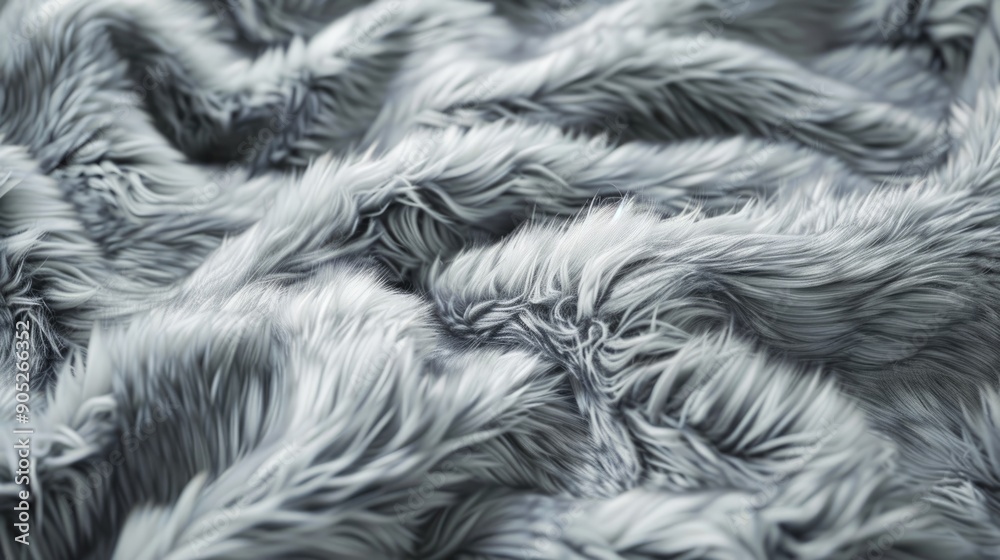 A close-up of grey faux fur showing a soft, fluffy texture. The concept of fabric and textile texture.