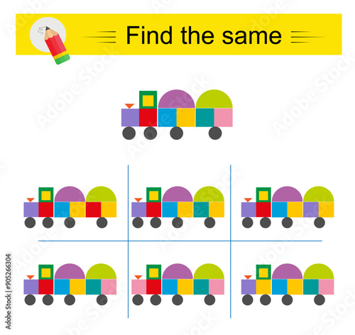 Puzzle game for kids. Task for development of attention and logic. Need to find the exact same train.