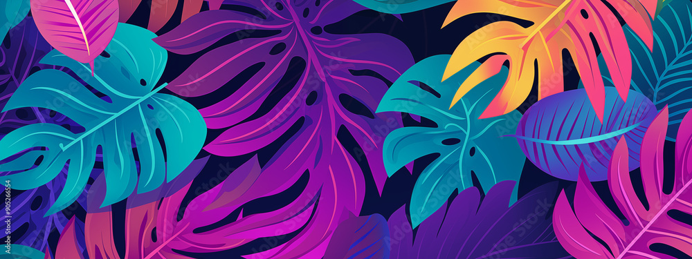 Dark and Vibrant Monstera Leaves in a Tropical Background with Various Colors Dark and Vibrant Monstera Leaves in a Tropical Background with Various Colors