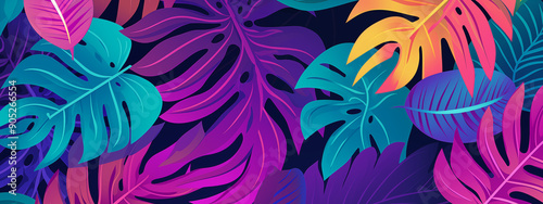 Dark and Vibrant Monstera Leaves in a Tropical Background with Various Colors