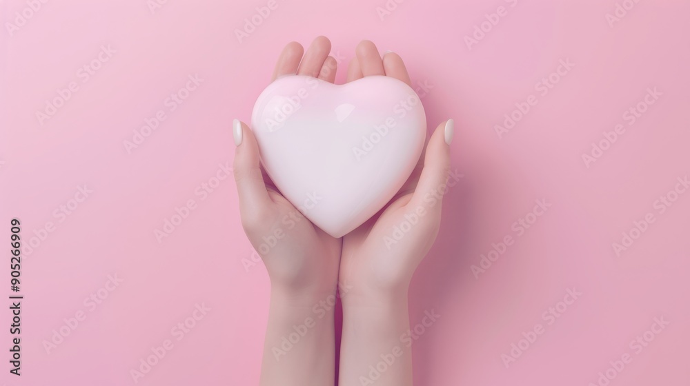 A woman is holding a heart in her hands. The heart is pink and white. Concept of love and care A woman is holding a heart in her hands. The heart is pink and white. Concept of love and care