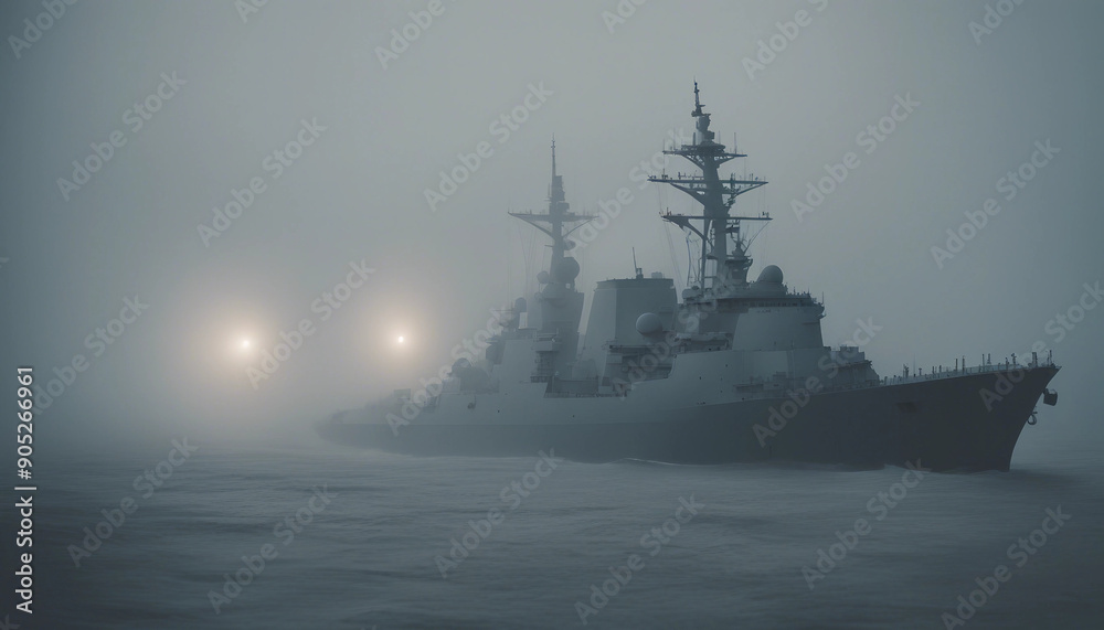 A naval destroyer navigating through a thick fog, with only the ship’s lights cutting through the gloom, while the sea swells ominously around it.
A naval destroyer navigating through a thick fog, with only the ship’s lights cutting through the gloom, while the sea swells ominously around it.