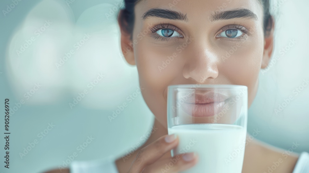 A woman is drinking milk from a glass