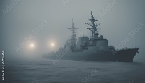 A naval destroyer navigating through a thick fog, with only the ship’s lights cutting through the gloom, while the sea swells ominously around it. 