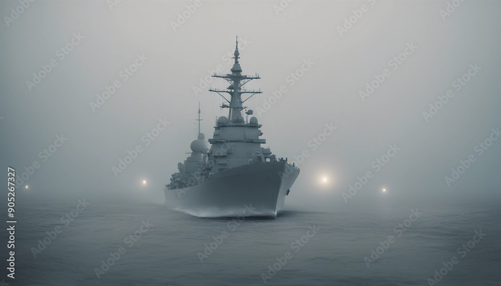 Fototapeta premium A naval destroyer navigating through a thick fog, with only the ship’s lights cutting through the gloom, while the sea swells ominously around it. 