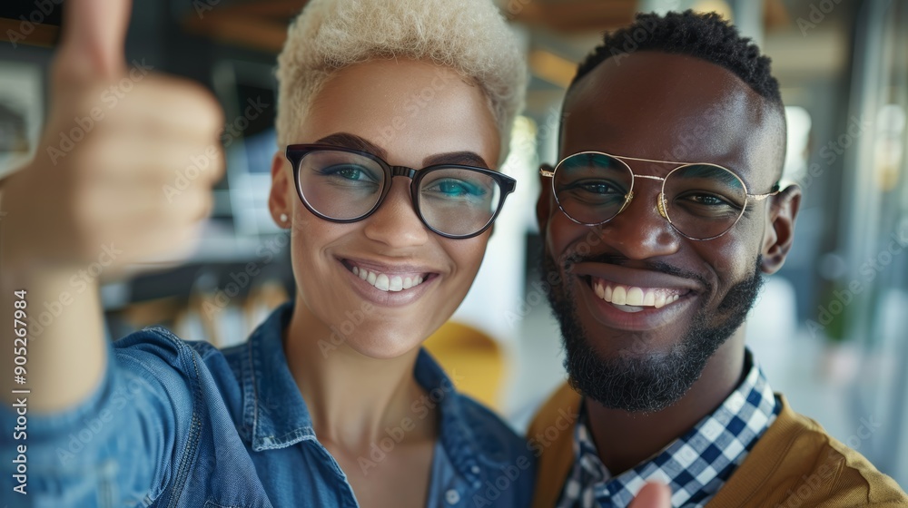 Optics store woman with glasses for eyesight or wellness thumbs up. Healthcare image, hand emoji, or smile of joyful old woman with black guy or optometrist with success! Optics store woman with glasses for eyesight or wellness thumbs up. Healthcare image, hand emoji, or smile of joyful old woman with black guy or optometrist with success!