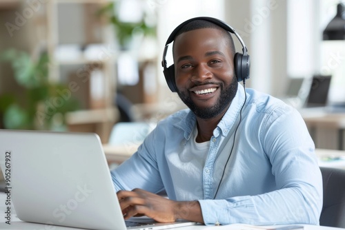 Call center, laptop and man, IT consultant, or business representative for software support or help. Communication, IT worker, or African person in online consultancy depiction.