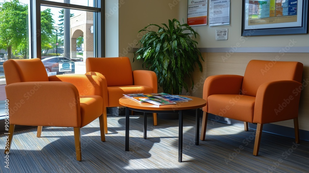 Inviting Reception Area: Welcoming Waiting Space with Comfortable Seating and Reading Materials. Professional Business Environment Designed for Client Comfort and Engagement, Enhancing Corporate Image Inviting Reception Area: Welcoming Waiting Space with Comfortable Seating and Reading Materials. Professional Business Environment Designed for Client Comfort and Engagement, Enhancing Corporate Image