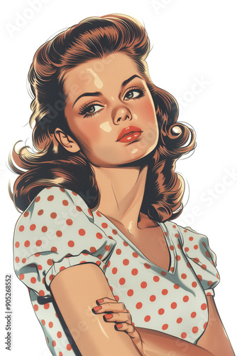 retro 1950s illustration of brunette woman in polka dot dress on transparent background png