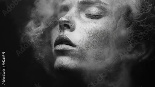 Close-up of woman's face with ethereal smoke in abstract style