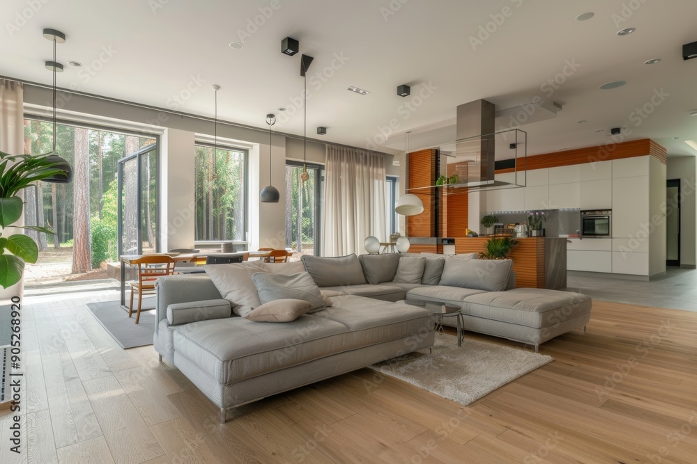Fototapeta premium Modern living room with grey sectional sofa, large windows, and wooded view