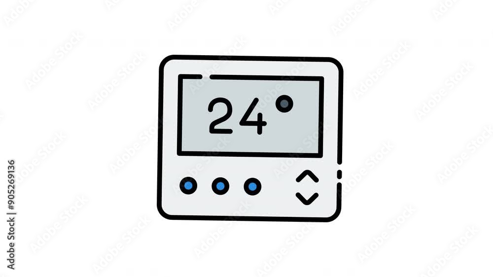 Thermostat ideal for heating or cooling systems at home or office. Display shows 24 degrees, users can adjust with buttons icon motion graphic animation Thermostat ideal for heating or cooling systems at home or office. Display shows 24 degrees, users can adjust with buttons icon motion graphic animation