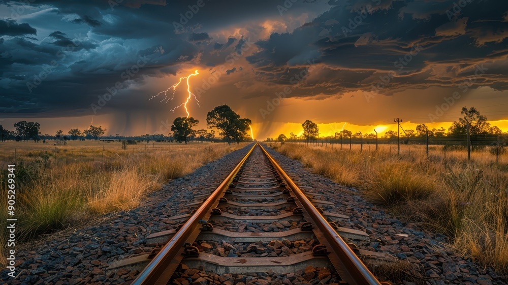 Obraz premium Lightning Strike Over Railroad Tracks