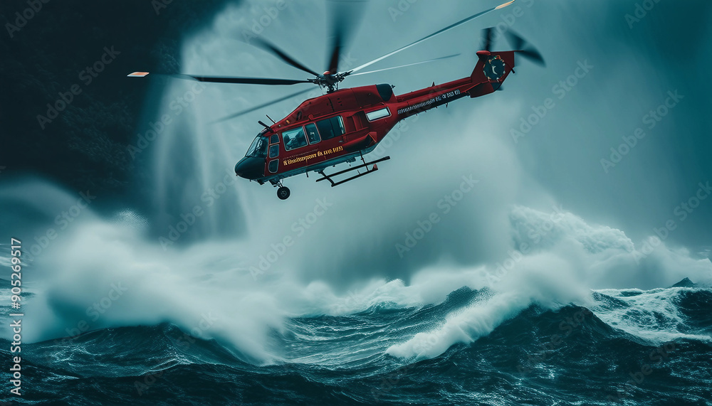 A rescue helicopter hovering above a turbulent ocean, battling heavy rain and powerful gusts as it searches for a stranded vessel.
A rescue helicopter hovering above a turbulent ocean, battling heavy rain and powerful gusts as it searches for a stranded vessel.