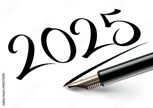 Vœux 2025 inscrit sur un papier blanc à l’encre noir avec un stylo plume et souligné comme une signature.