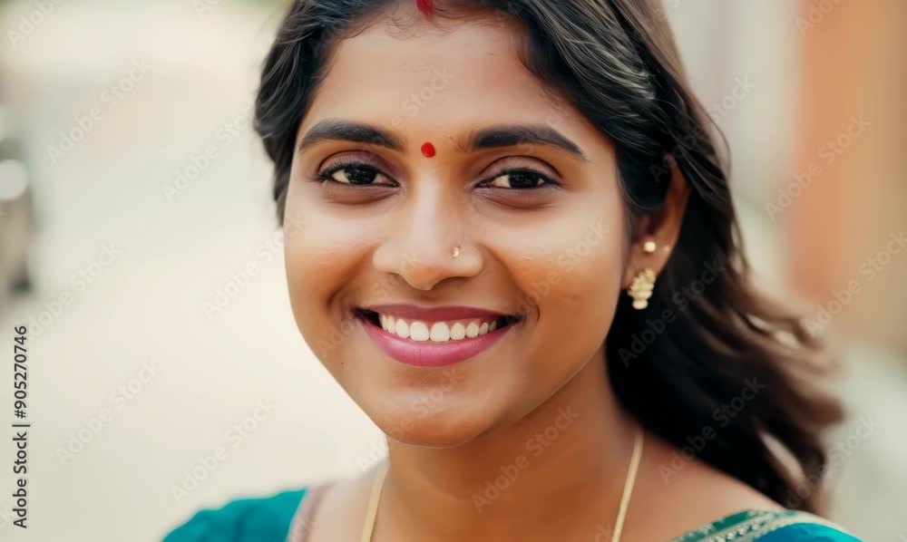 Portrait of a beautiful young Indian woman smiling at the camera.