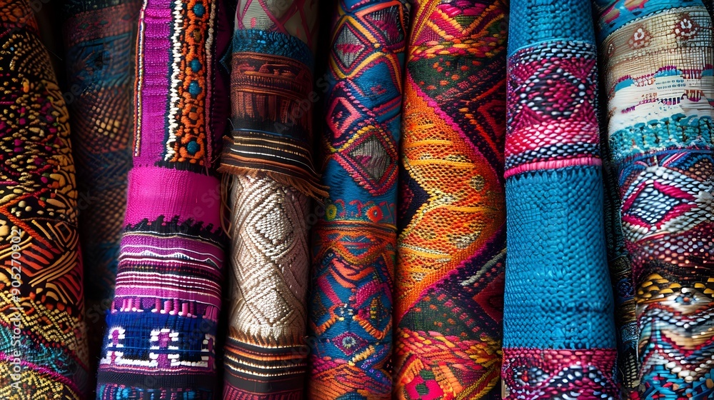 Vibrant Fabric-Wrapped Ethnic Art Display with Colorful Patterns