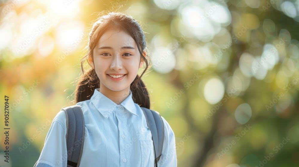 A cheerful young asian student smiling warmly, dressed in a white school shirt and a backpack slung over her shoulders, attending school in the morning. A cheerful young asian student smiling warmly, dressed in a white school shirt and a backpack slung over her shoulders, attending school in the morning.