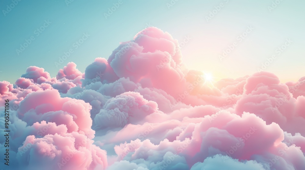 A pink and white cloud filled sky with a sun in the background. The sky is filled with fluffy clouds and the sun is shining brightly. The image has a dreamy and peaceful mood, with the pink A pink and white cloud filled sky with a sun in the background. The sky is filled with fluffy clouds and the sun is shining brightly. The image has a dreamy and peaceful mood, with the pink