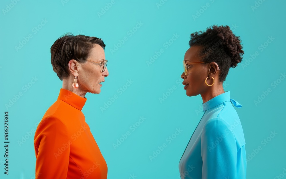 Intense Political Debate between Two Professional Women of Different Ethnicities on Televised Stage in Studio Intense Political Debate between Two Professional Women of Different Ethnicities on Televised Stage in Studio