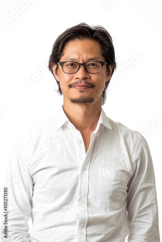 man with straight chestnut-colored hair, glasses and a white shirt on a flat background