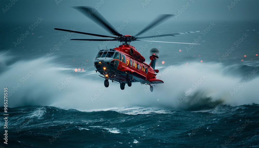 A rescue helicopter hovering above a turbulent ocean, battling heavy rain and powerful gusts as it searches for a stranded vessel.
A rescue helicopter hovering above a turbulent ocean, battling heavy rain and powerful gusts as it searches for a stranded vessel.
