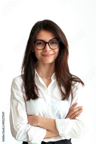 woman with straight chestnut-colored hair, glasses and a white shirt on a flat background