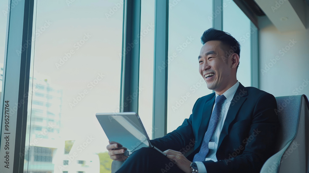 A man in a suit sits by a large window, smiling and working on a tablet, enjoying the natural light and modern office atmosphere. A man in a suit sits by a large window, smiling and working on a tablet, enjoying the natural light and modern office atmosphere.
