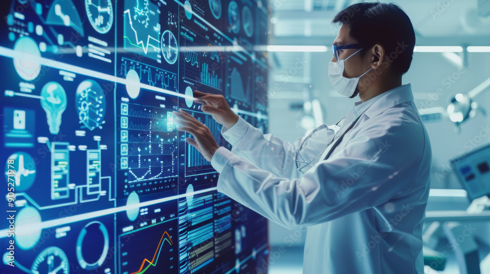 A doctor interacts with a high-tech medical display, showing futuristic interface elements, symbolizing advanced healthcare and innovation. A doctor interacts with a high-tech medical display, showing futuristic interface elements, symbolizing advanced healthcare and innovation.