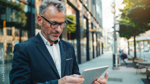 A well-dressed man stands on a city street, engrossed in something on his tablet.
