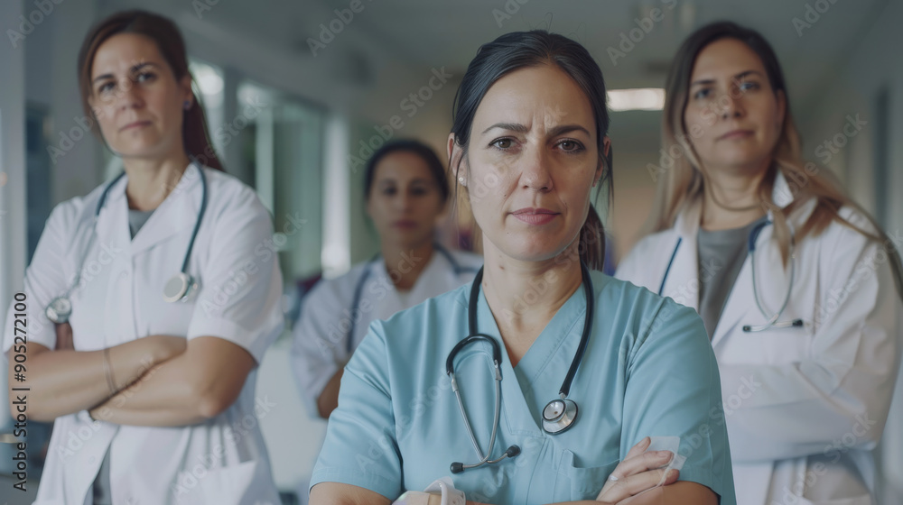Four female medical professionals stand confidently in a hospital corridor, representing strength, teamwork, and dedication to healthcare. Four female medical professionals stand confidently in a hospital corridor, representing strength, teamwork, and dedication to healthcare.