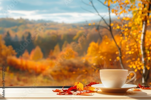 cup of coffee on the background of a rainy autumn landscape window with drops from rain no people photo