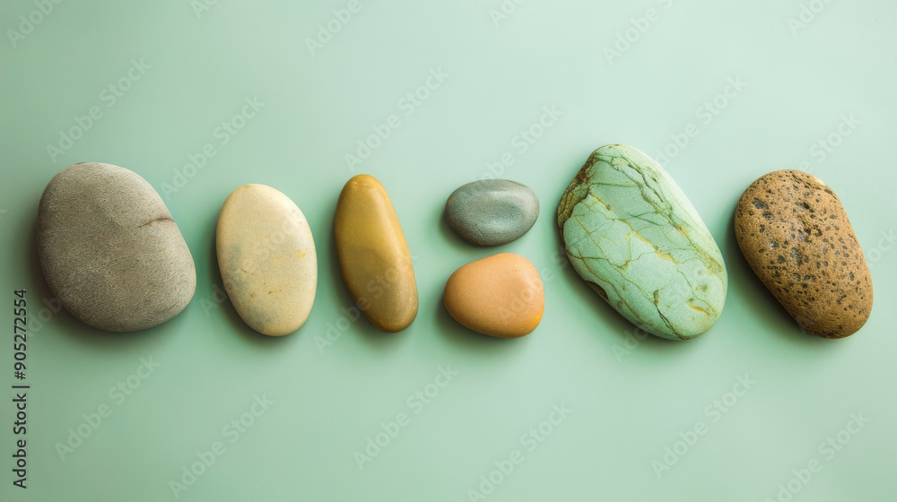 Obraz premium Beautifully arranged stones of various sizes and colors rest on a pastel green background, symbolizing serenity and balance.