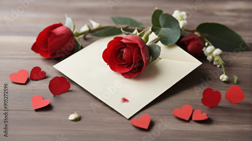 holiday card for February 14 with heart beautiful red rose