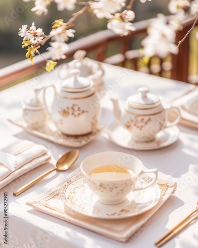 Wallpaper Mural Spring Day Garden Tea Party in Blooming Cherry Blossom Garden with Vintage Tea Sets Torontodigital.ca