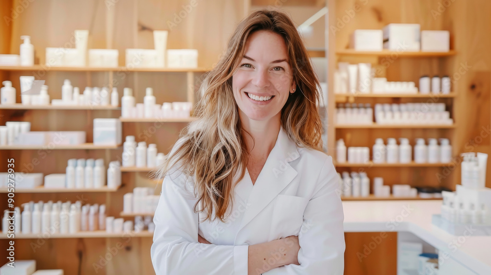 Cheerful woman in a crisp white coat standing confidently in a bright, modern apothecary with shelves full of products. Cheerful woman in a crisp white coat standing confidently in a bright, modern apothecary with shelves full of products.