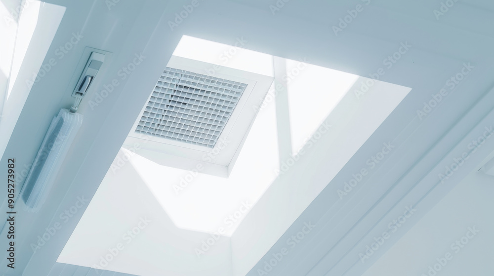 A pristine white ceiling showcasing architectural precision with a vent and sunlight from skylights. A pristine white ceiling showcasing architectural precision with a vent and sunlight from skylights.