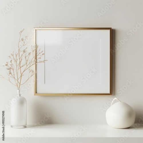 simplistic gold frame mockup opening for artwork on a white wall photo