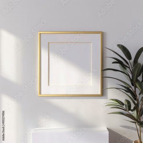 simplistic gold frame mockup opening for artwork on a white wall photo