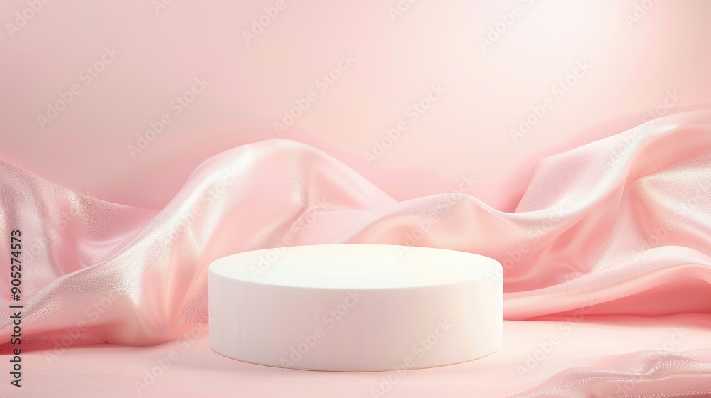 A white pedestal is set on a pink background A white pedestal is set on a pink background