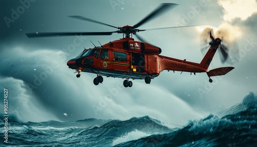 A rescue helicopter hovering above a turbulent ocean, battling heavy rain and powerful gusts as it searches for a stranded vessel. 