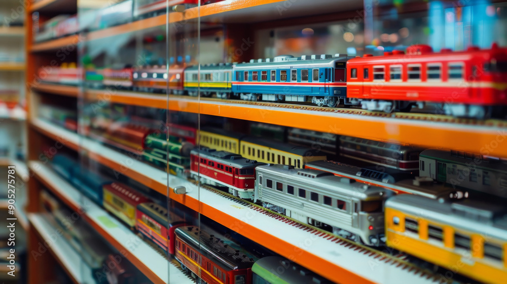 A display of vibrant model trains in various colors and designs, all neatly arranged on shelves in what seems to be a collector's paradise.