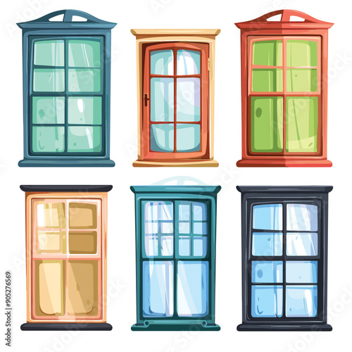 Six colorful cartoon windows different styles colors. Urban windows, residential building exterior elements. Detailed wooden window frames, clear glass, colorful facades
