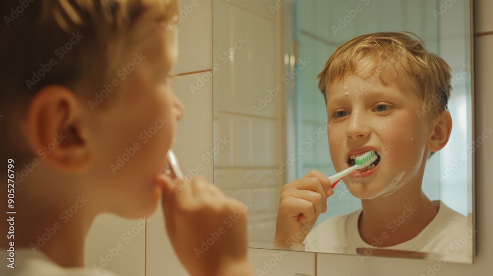 A child gazes at their reflection while brushing their teeth, making the daily routine a moment of self-awareness and care. A child gazes at their reflection while brushing their teeth, making the daily routine a moment of self-awareness and care.