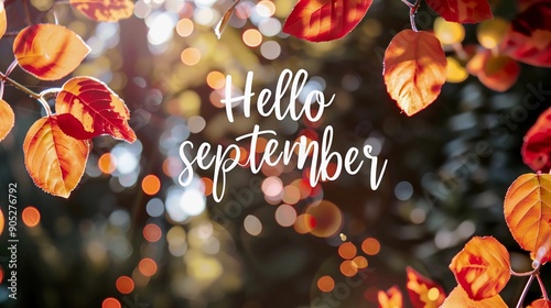  autumn leaves background. Text hello September on blurred background