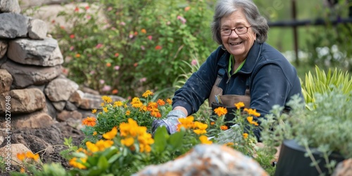 A photo of a senior woman gardening on a sunny day, looking happy and content while planting some flowers. Gardening and hobby concept.